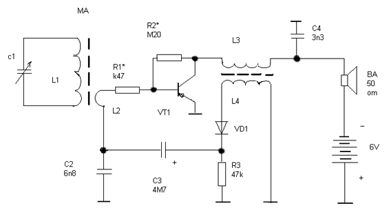 Схема рефлексного радиоприемника 1-V-1