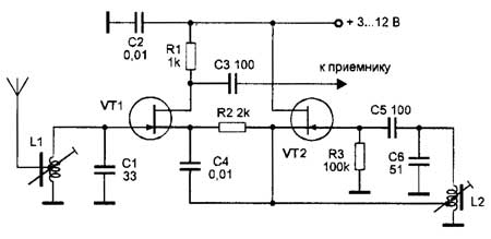 Схема УКВ конвертера на двух полевых транзисторах